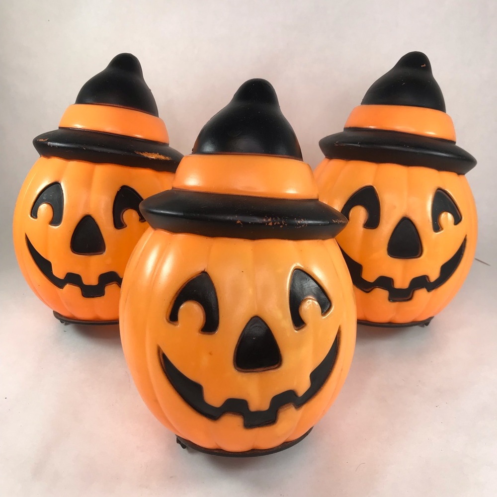 Empire Plastic Blow Mold Pumpkin Jack o Lantern Topper Witch Hat 8" Lot of 3